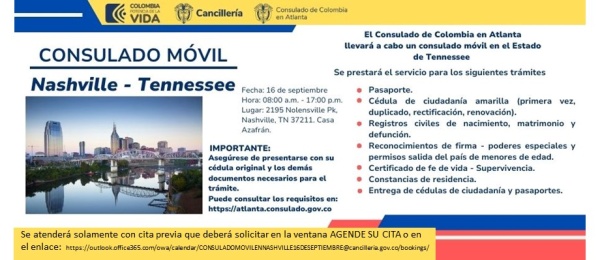 Consulado Movil en Nashville, Tennessee, se realizará el sábado 16 de septiembre de 2023