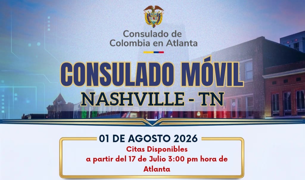 Atención connacionales en Nashville, Tennessee - Jornada de Consulado Móvil: 1 de agosto de 2026