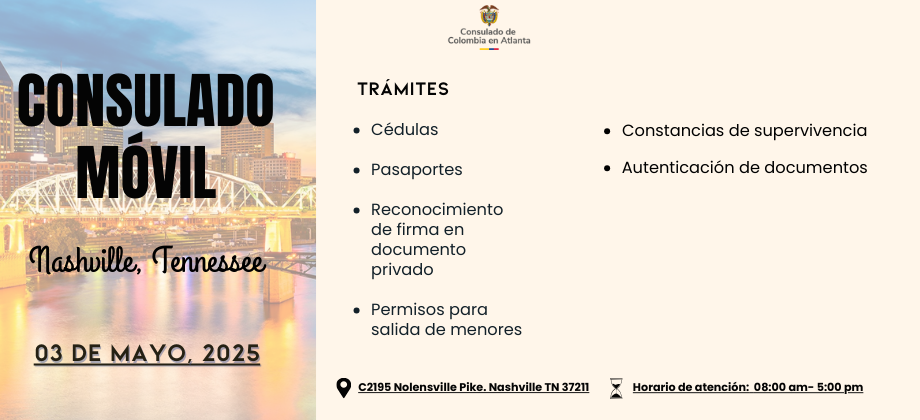 El Consulado de Colombia en Atlanta realizará un consulado móvil en Nashville el 3 de mayo de 2025