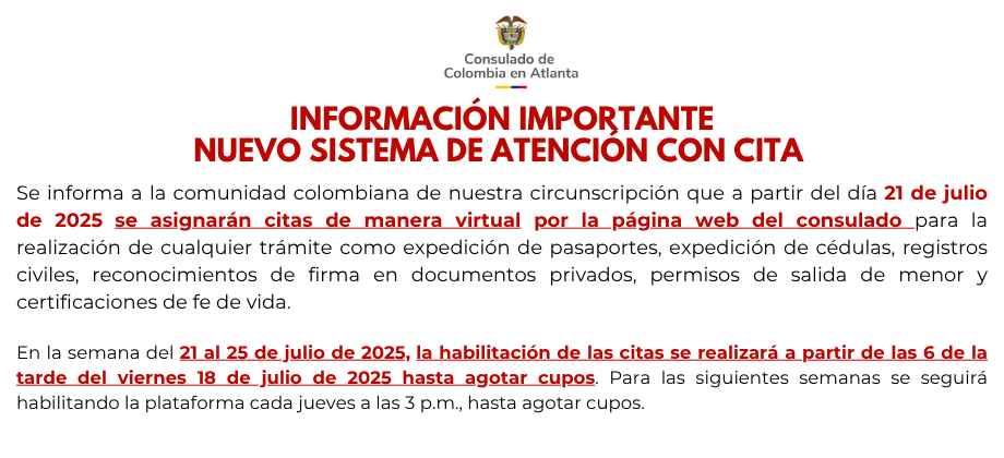 Nuevo sistema de atención con cita en el Consulado de Colombia en Atlanta