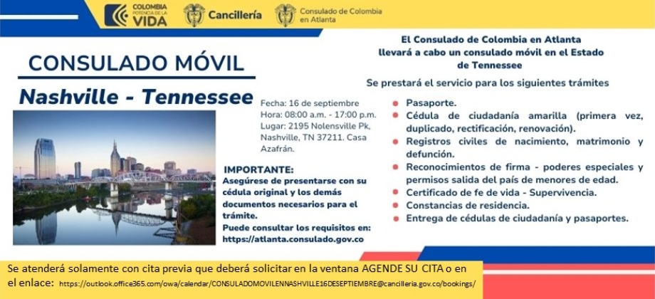 Consulado Movil en Nashville, Tennessee, se realizará el sábado 16 de septiembre de 2023