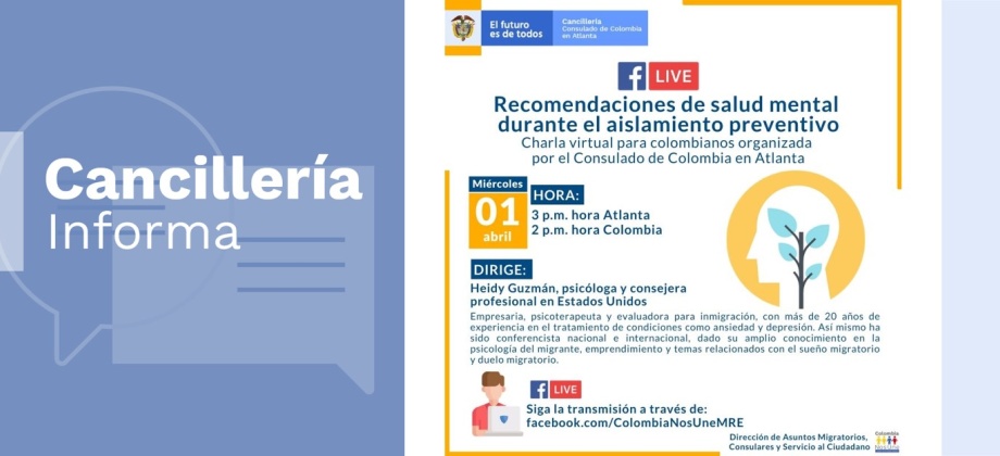 Consulado de Colombia en Atlanta invita a la charla virtual sobre recomendaciones de salud mental durante el aislamiento preventivo por el COVID-19