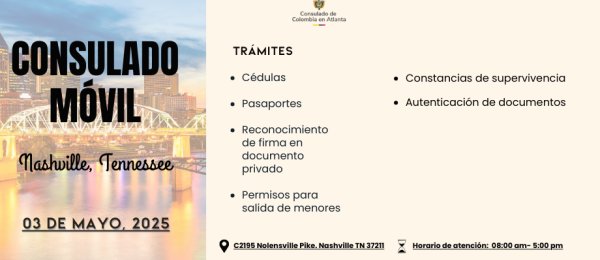 El Consulado de Colombia en Atlanta realizará un consulado móvil en Nashville el 3 de mayo de 2025