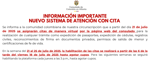 Nuevo sistema de atención con cita en el Consulado de Colombia en Atlanta