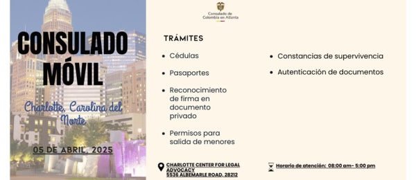 Consulado Móvil en la ciudad de Charlotte, Carolina del Norte, el próximo sábado 5 de abril de 2025