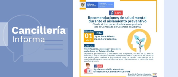 Consulado de Colombia en Atlanta invita a la charla virtual sobre recomendaciones de salud mental durante el aislamiento preventivo por el COVID-19