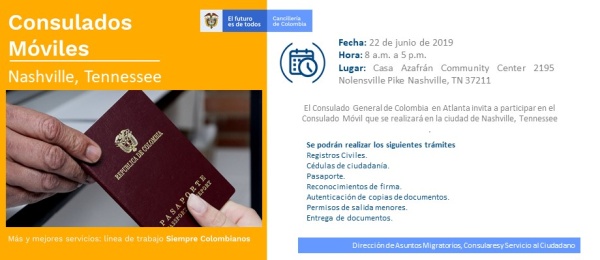 Consulado de Colombia en Atlanta realizará la jornada de Consulado Móvil en la ciudad de Nashville el 22 de junio de 2019