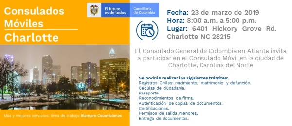 Consulado de Colombia en Atlanta realizará una jornada de Consulado Móvil en Charlotte, Carolina del Norte, el 23 de marzo